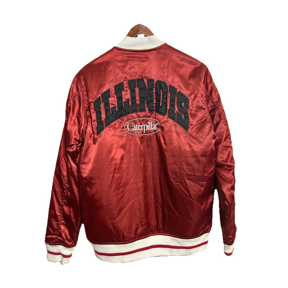 CAT Caterpillar Bomber Jacket Men's Illinois Spell Out Sz S Red Varsity